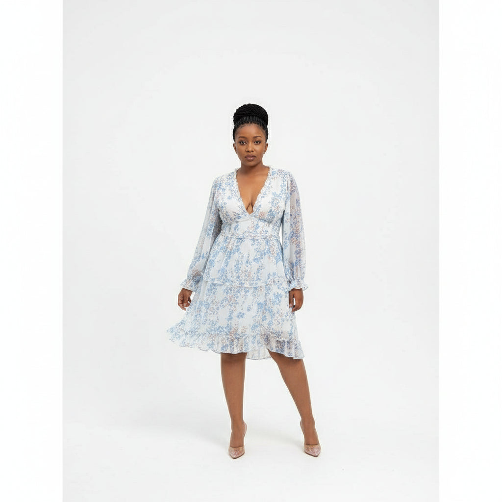 Sexy Backless V-Neck Printed Long Sleeve Summer Dress