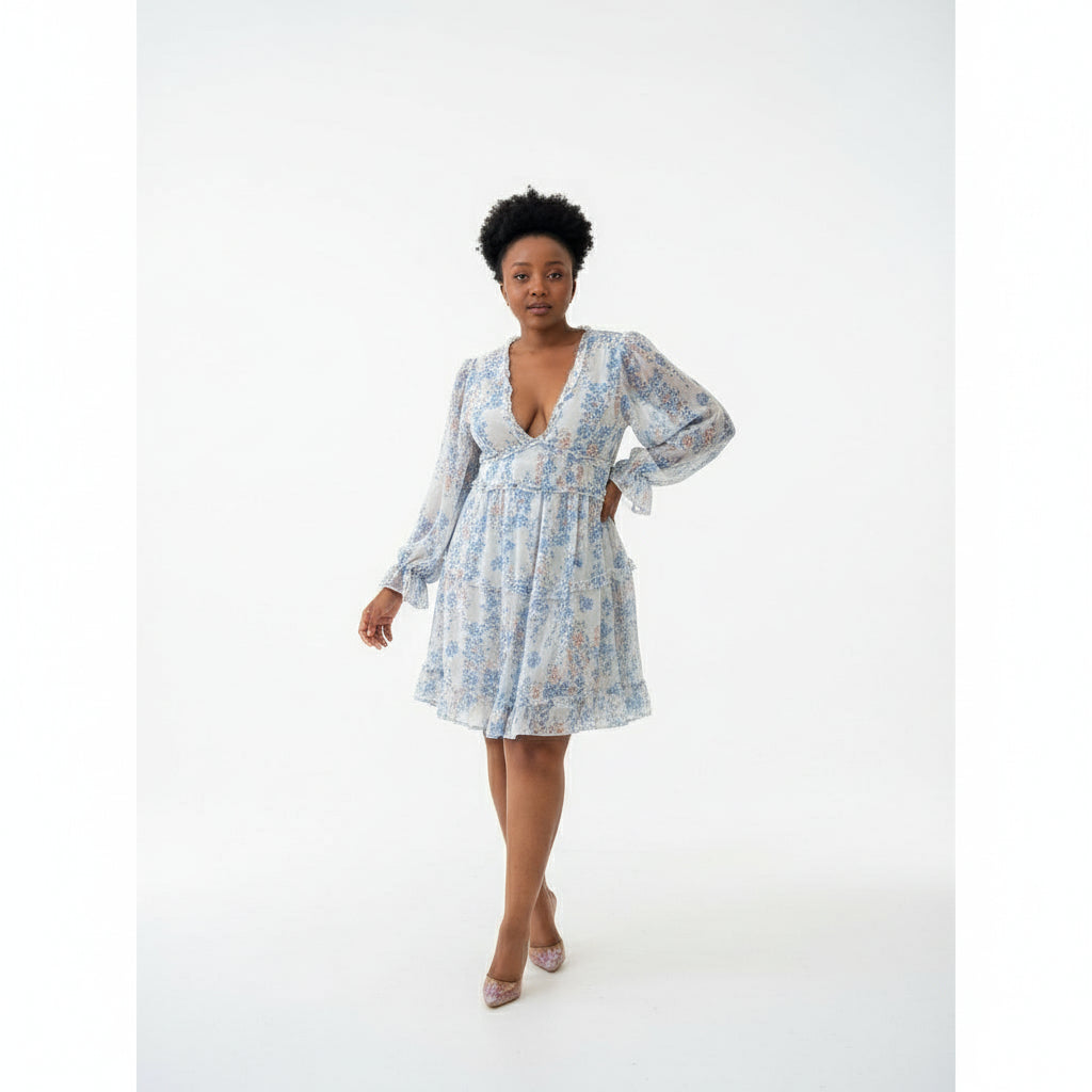 Sexy Backless V-Neck Printed Long Sleeve Summer Dress