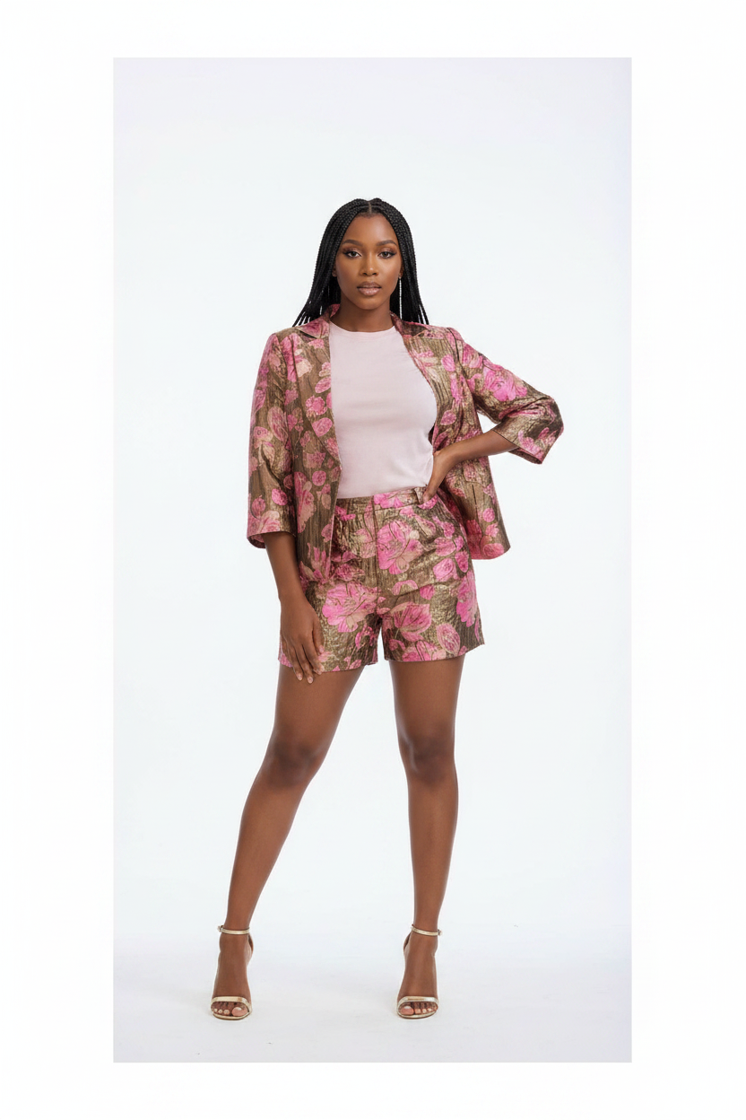 Printed Long Sleeve Blazer With Tight Short Outfit Set