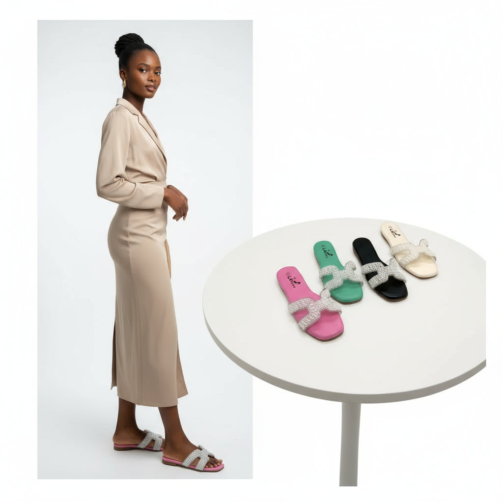 Rhinestone Pearl Flat Slides Sandals