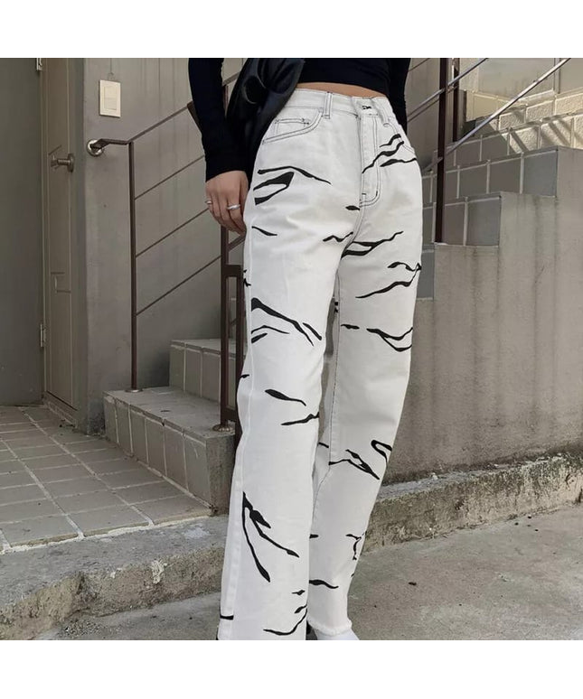 High Waisted Zebra Printed Denim Jean