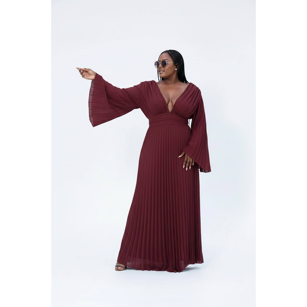 V-Neck Loose Long Sleeve Pleated Dress
