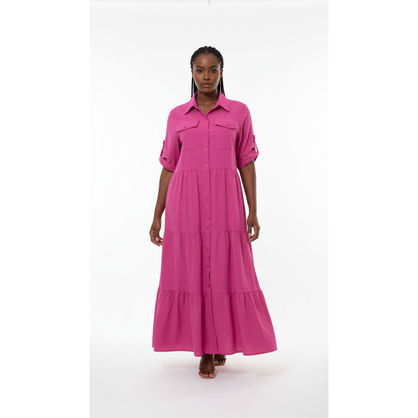 Short Sleeve Buttoned Collar Dress