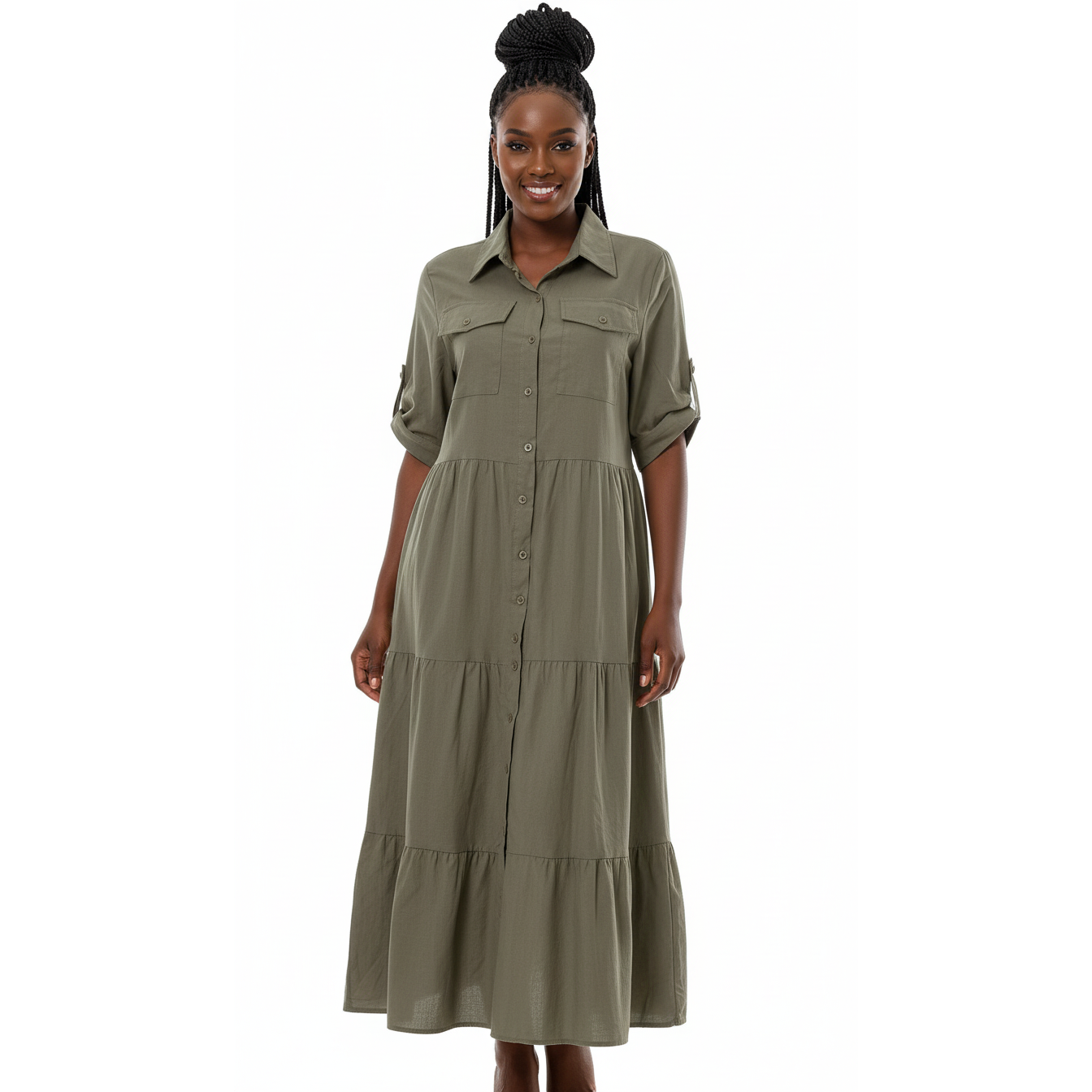 Short Sleeve Buttoned Collar Dress
