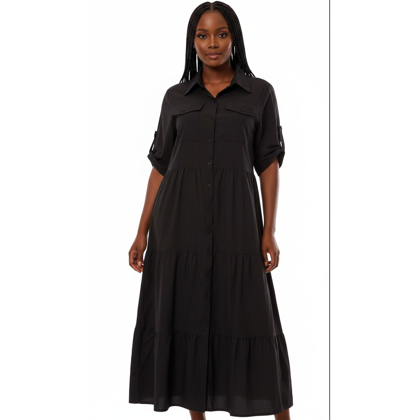 Short Sleeve Buttoned Collar Dress