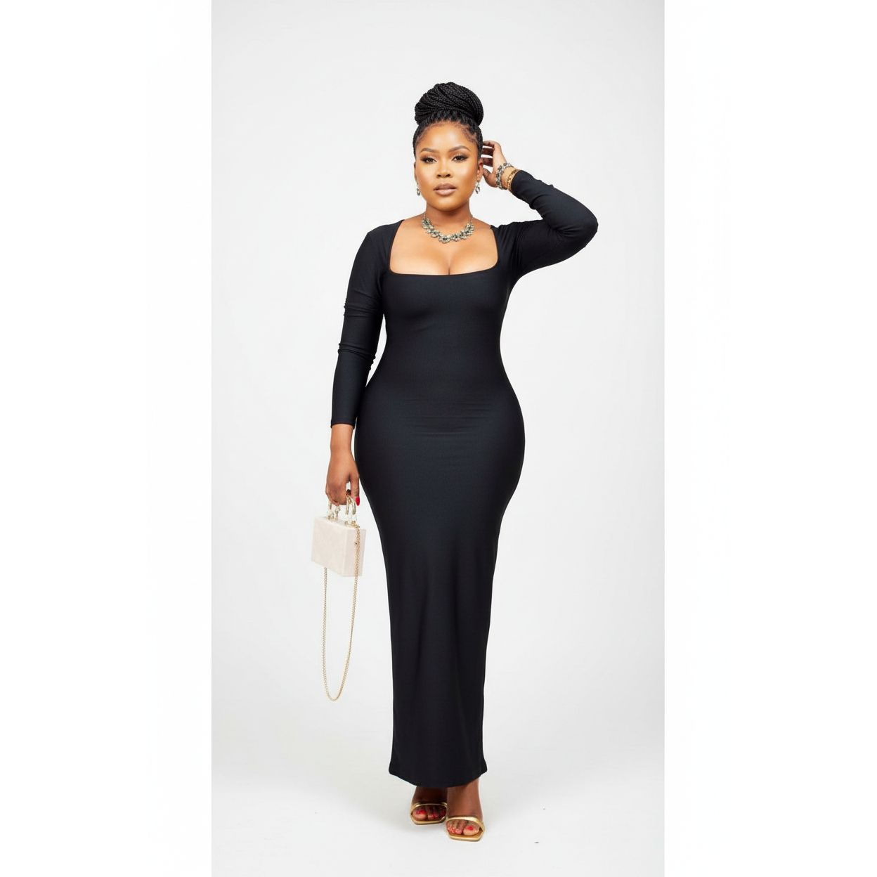 Square Long Sleeve Bodycon Dress