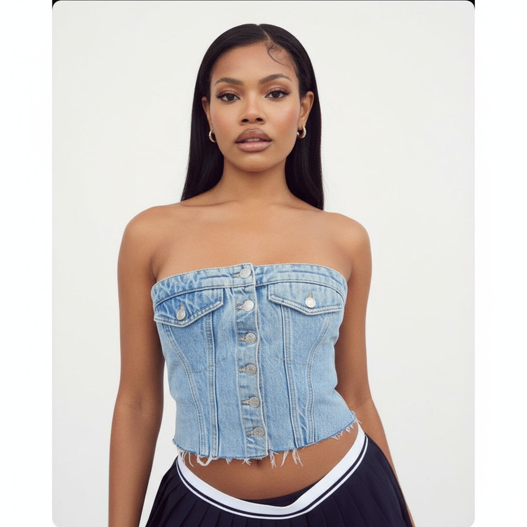 Denim Summer Single Breasted Strapless Crop Top