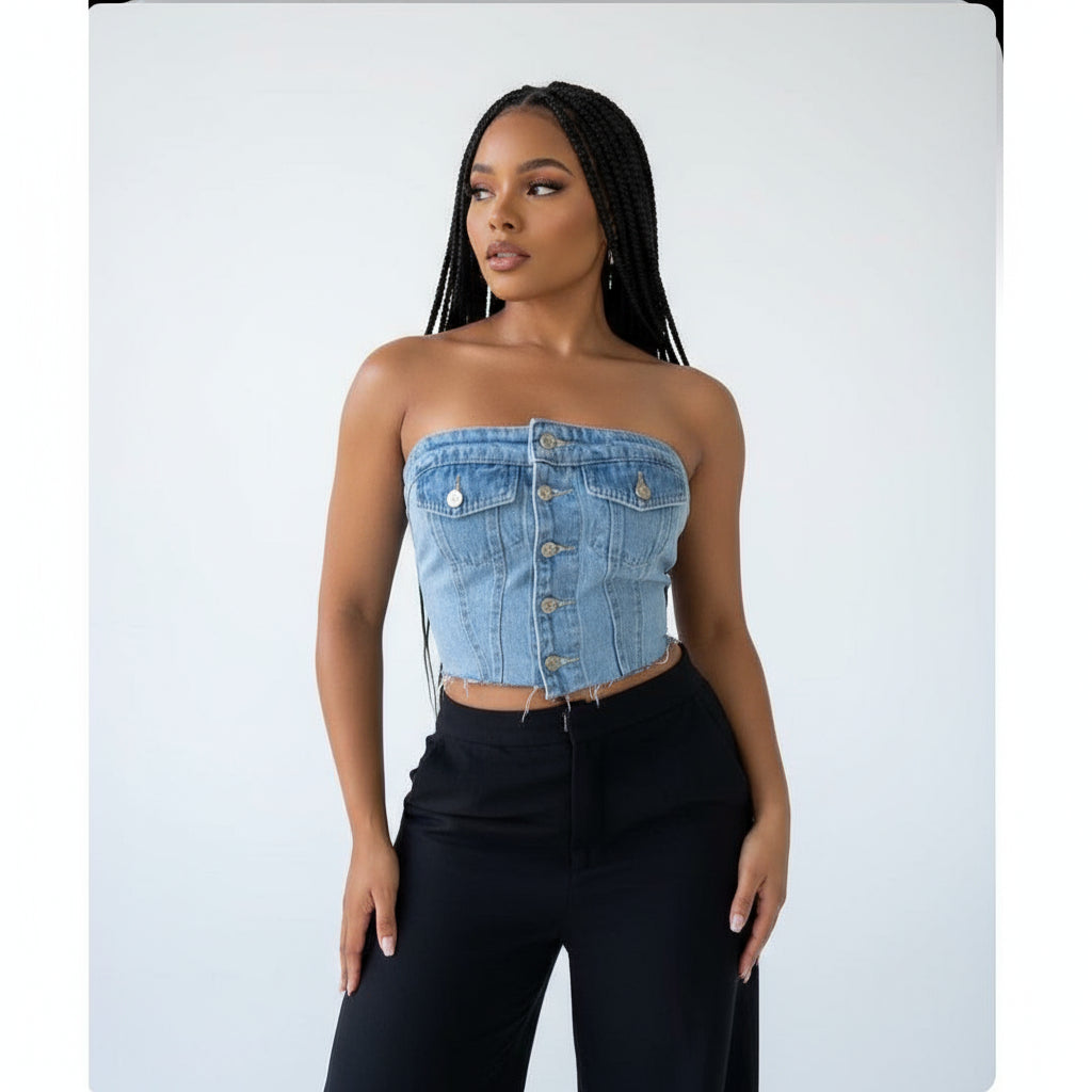 Denim Summer Single Breasted Strapless Crop Top