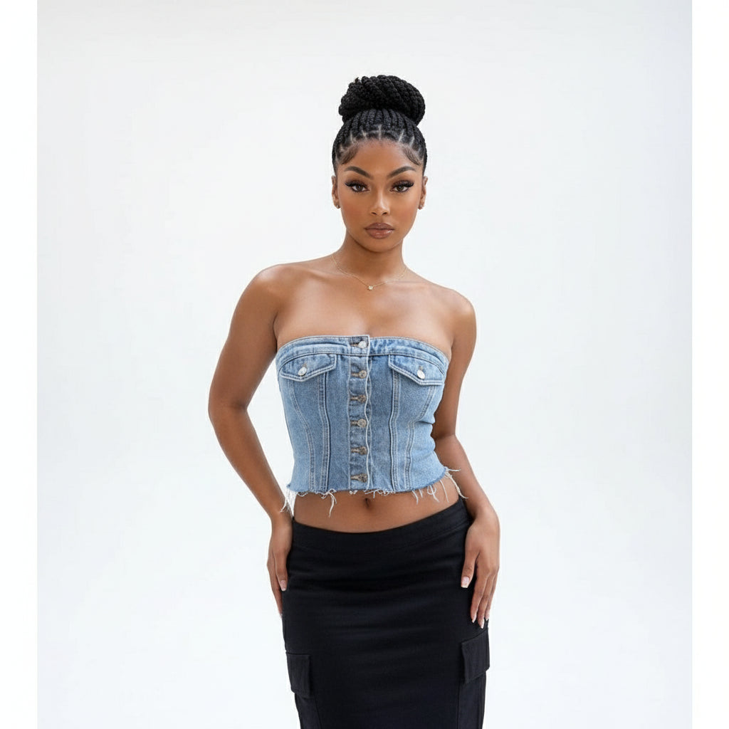 Denim Summer Single Breasted Strapless Crop Top