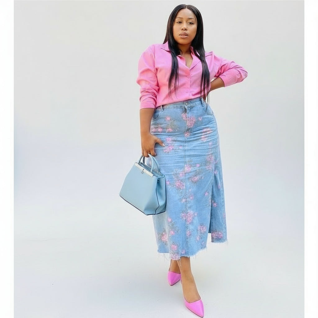 Floral Print Side Slit Denim Skirt