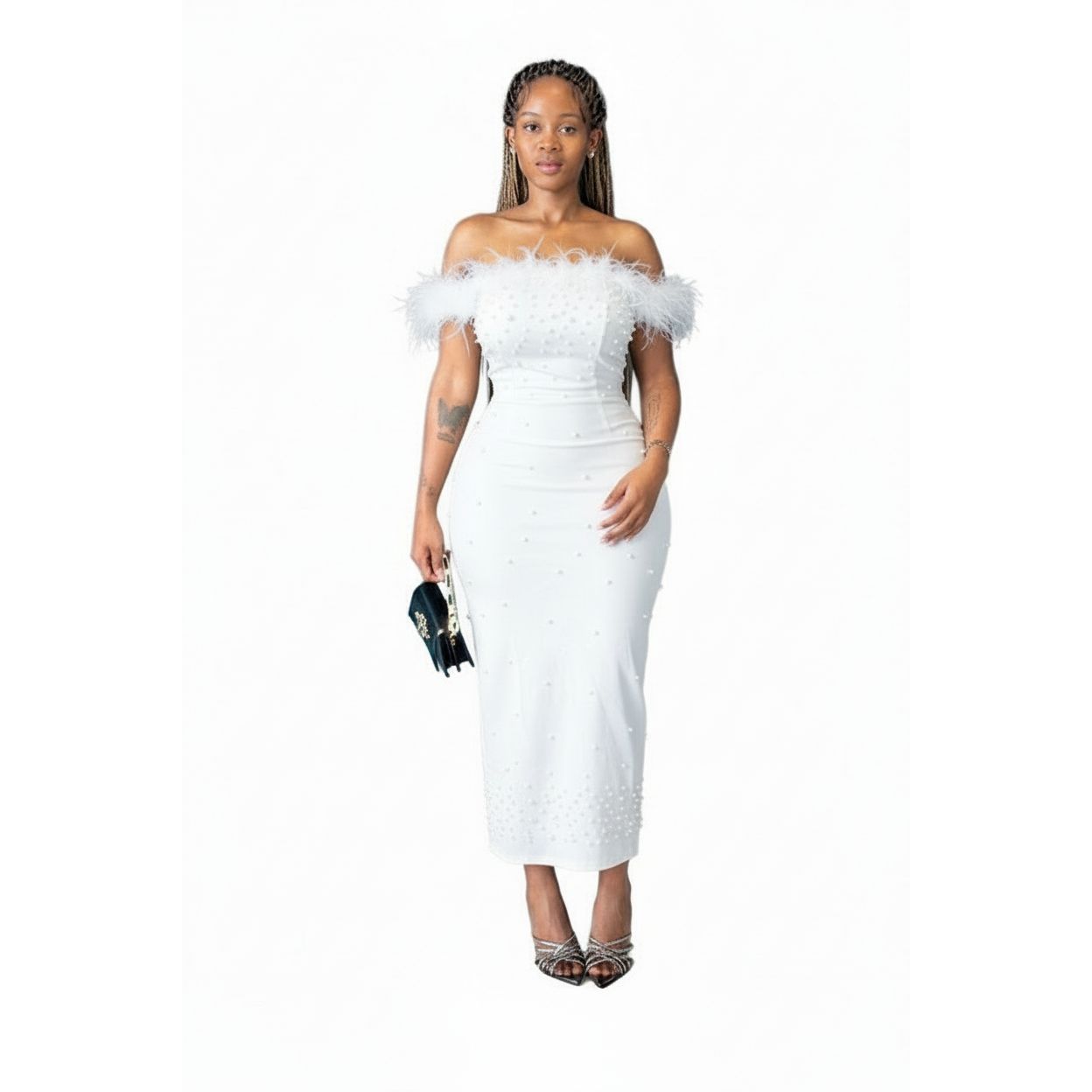 Beaded Off Shoulder Feather Dress