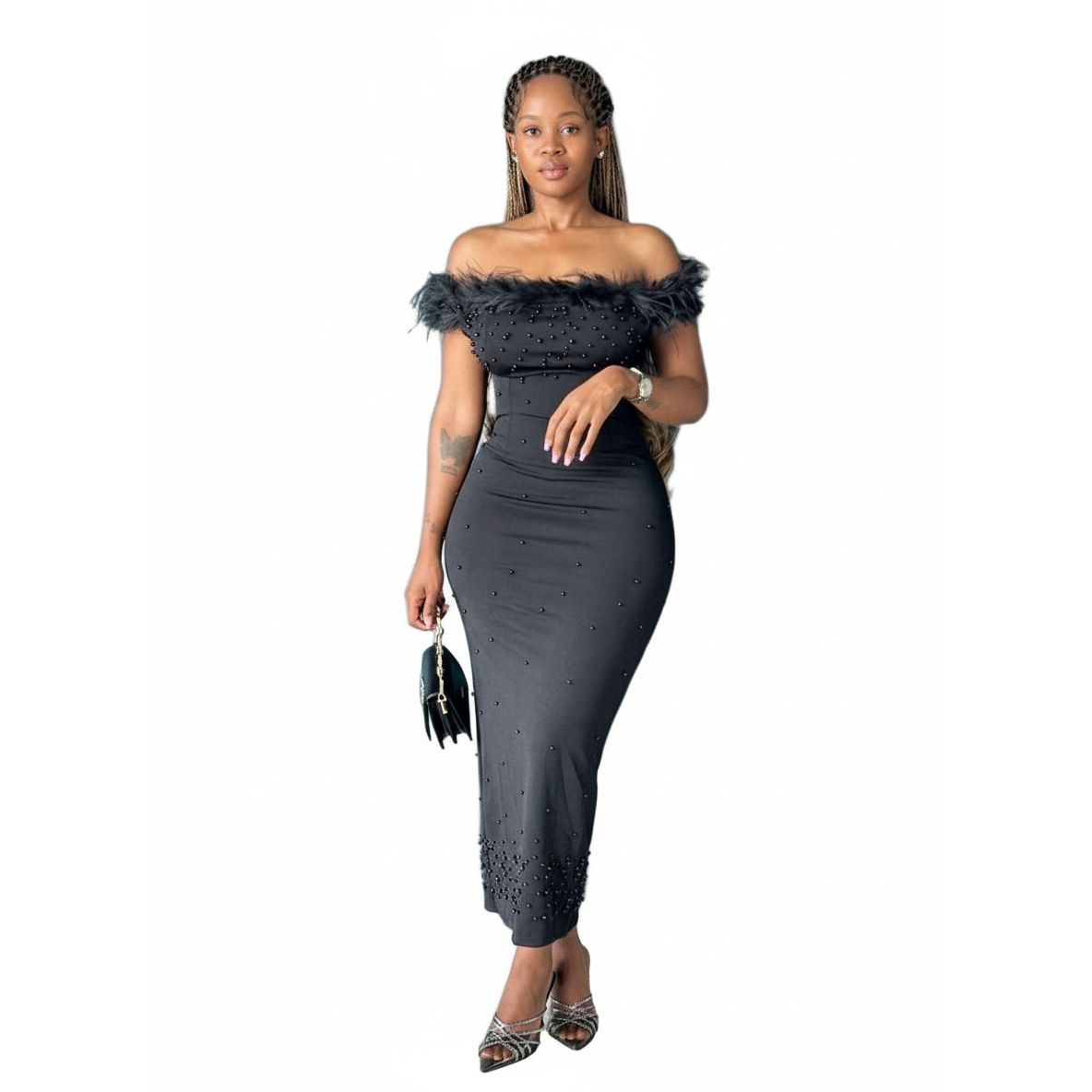 Beaded Off Shoulder Feather Dress