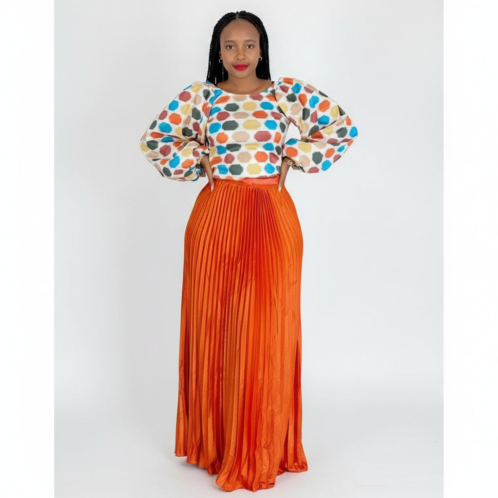 Pleated Long Skirt & Puffy Sleeve Top Set