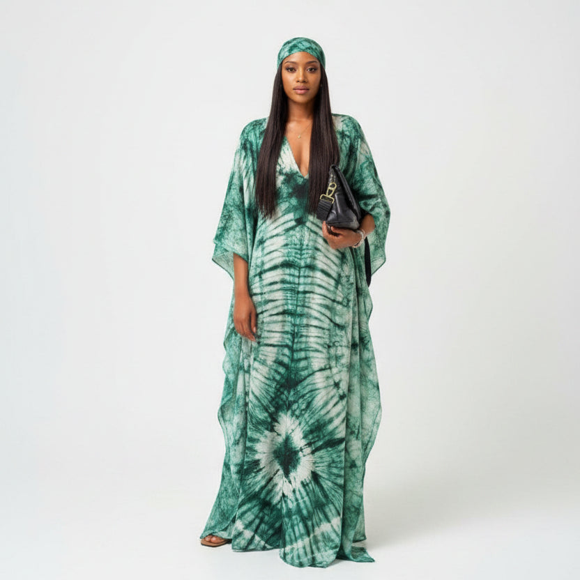 Tie-Die Emerald Green Print Silk Caftan Dress