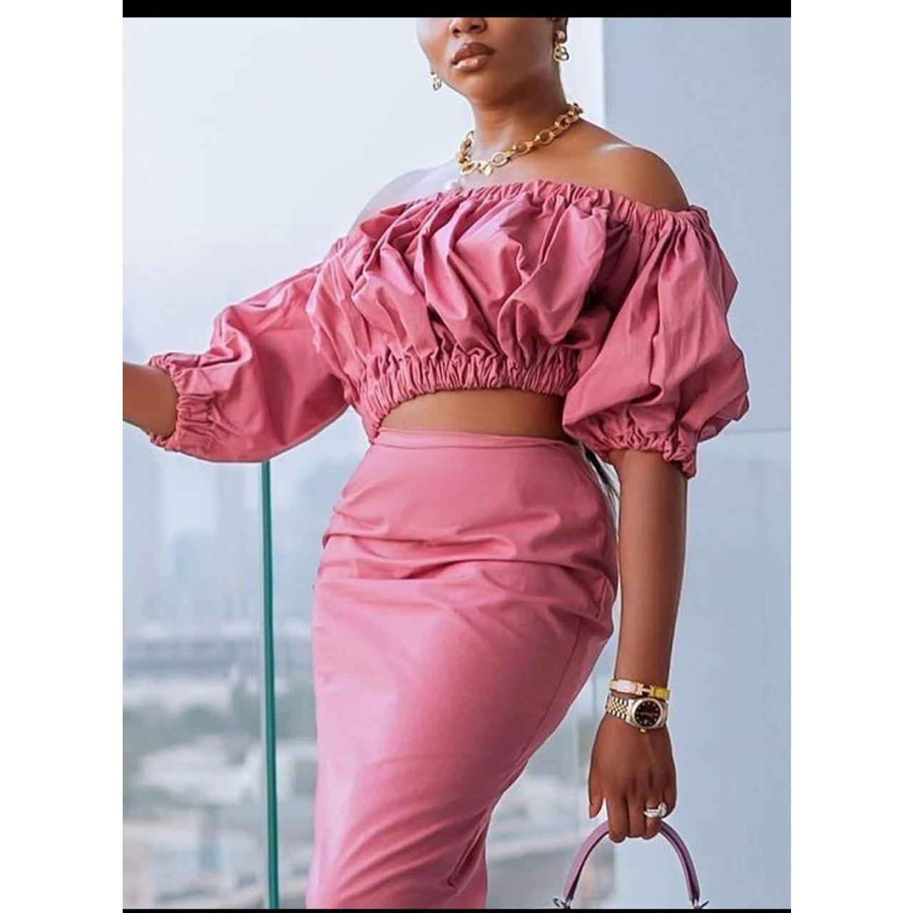 High Waisted Skirt & Crop-Top Off Shoulder Top Set