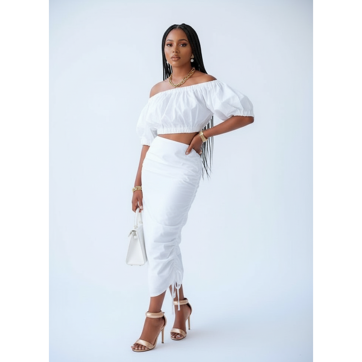 High Waisted Skirt & Crop-Top Off Shoulder Top Set