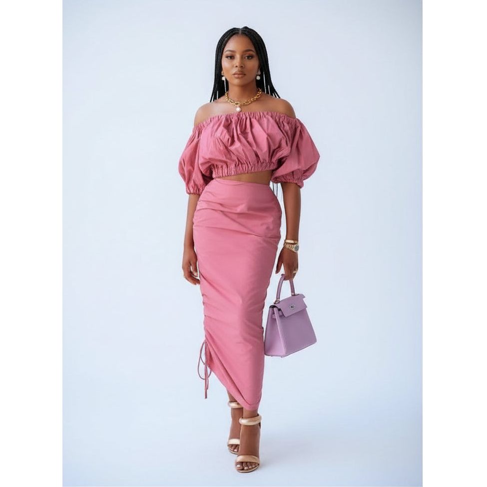 High Waisted Skirt & Crop-Top Off Shoulder Top Set
