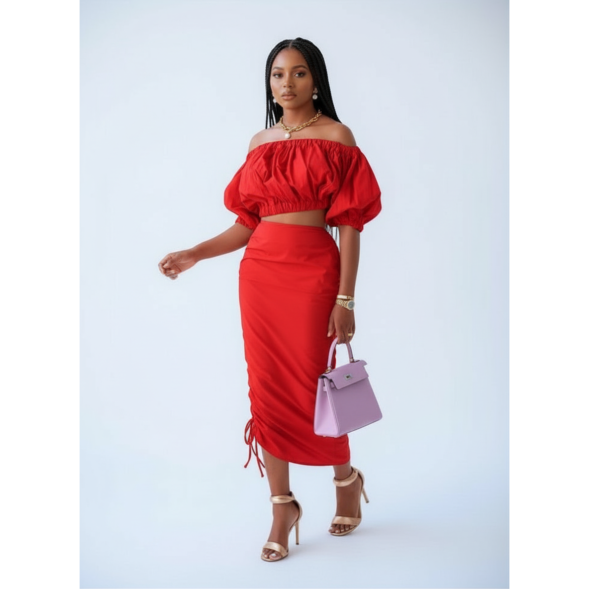 High Waisted Skirt & Crop-Top Off Shoulder Top Set