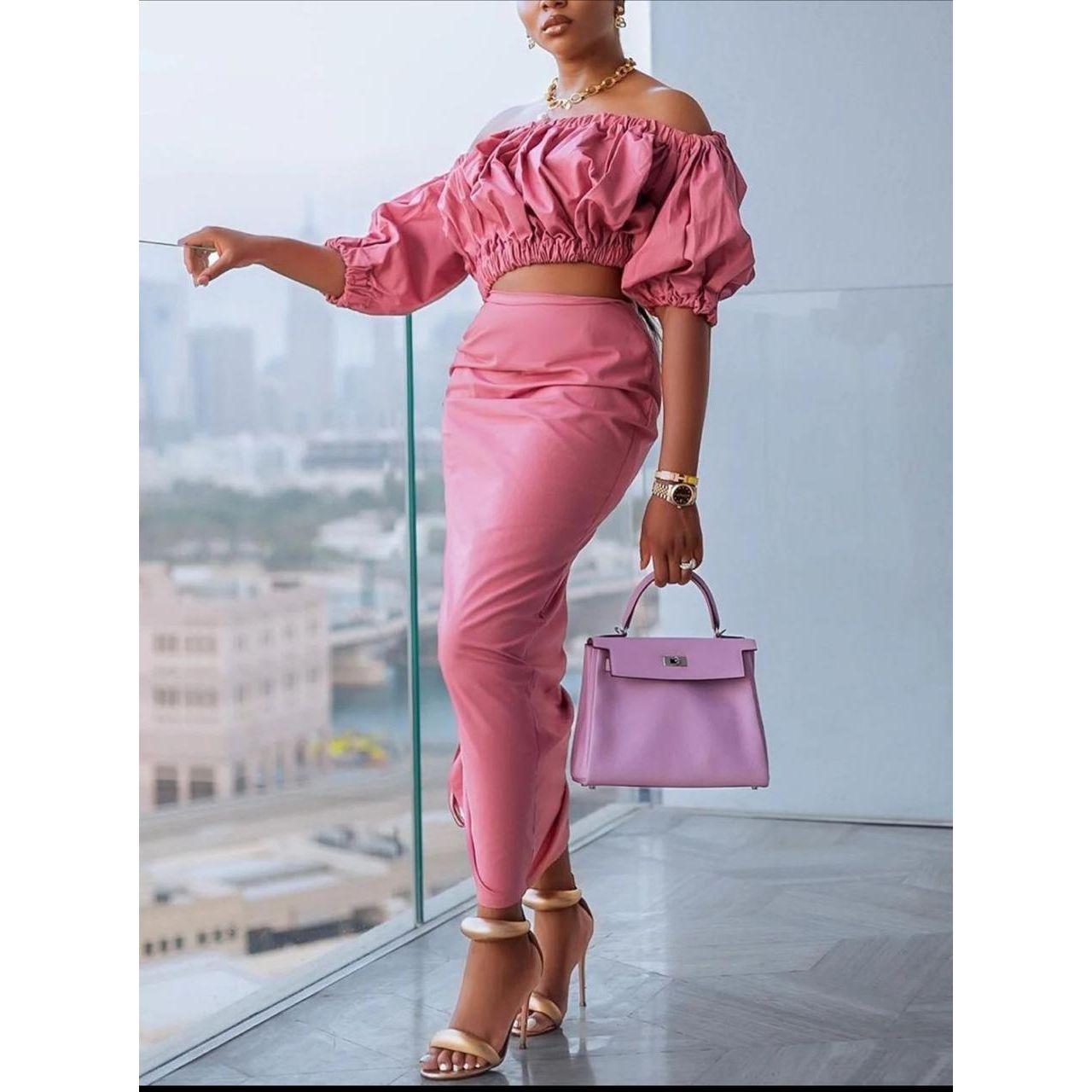 High Waisted Skirt & Crop-Top Off Shoulder Top Set