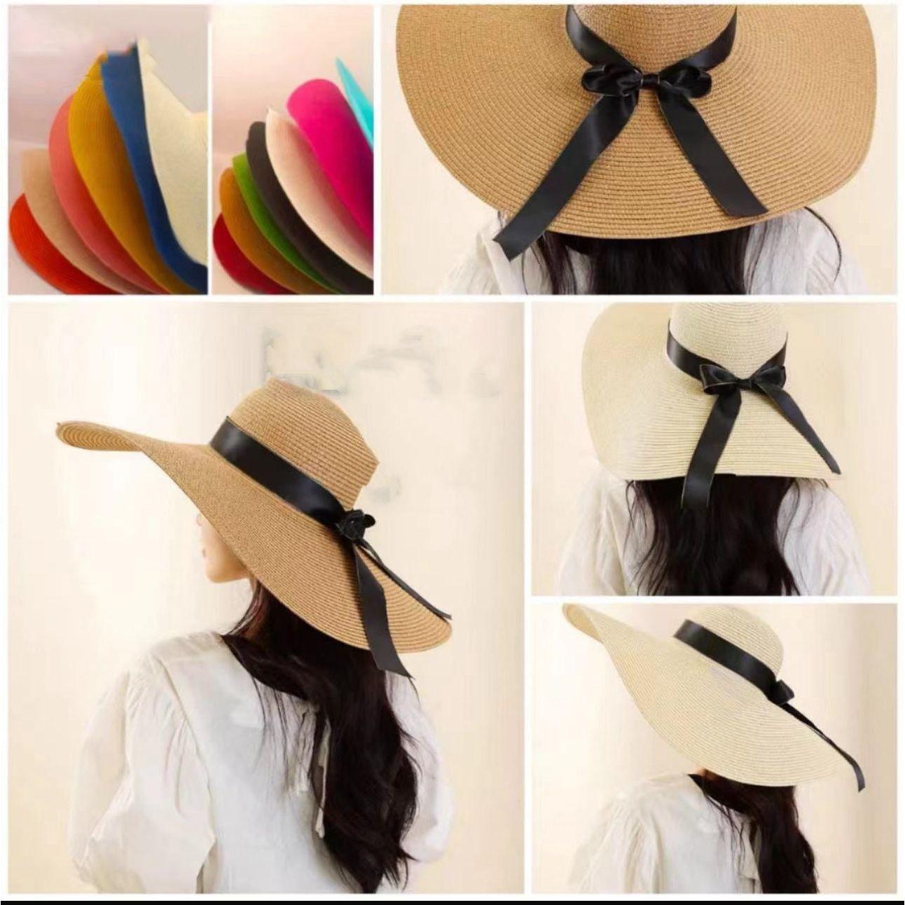 Womens Wide Brim Sun Bowknot Straw Hat