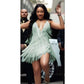 Fringe Detailed V-Neck Mini Dress