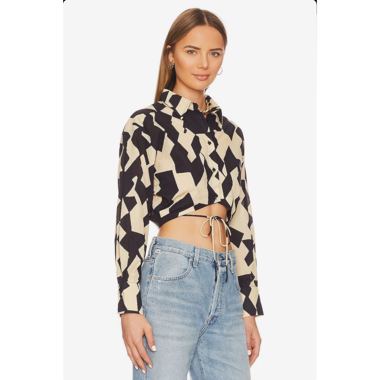 Geometric Print Longsleeve Crop Shirt