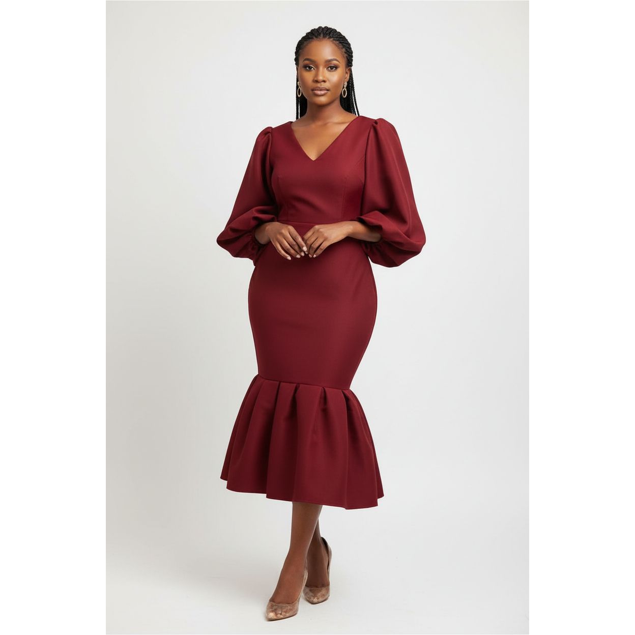 V-Neck Puff Long-sleeve Bodycon Dress