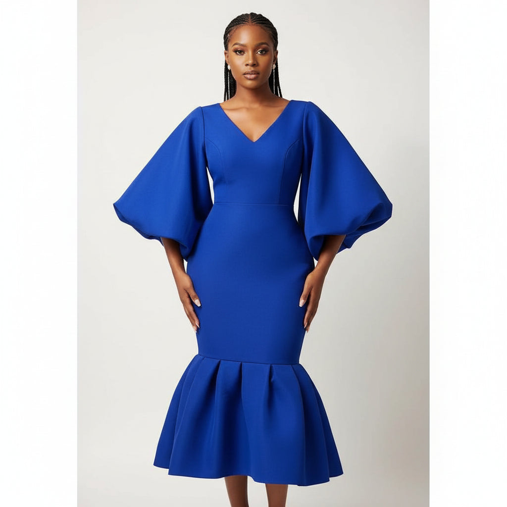 V-Neck Puff Long-sleeve Bodycon Dress