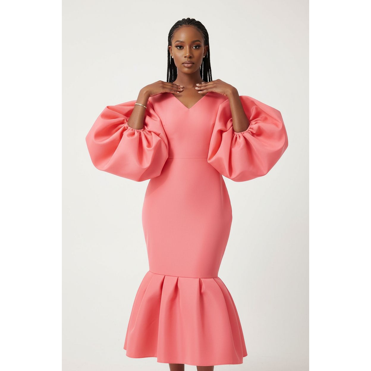 V-Neck Puff Long-sleeve Bodycon Dress