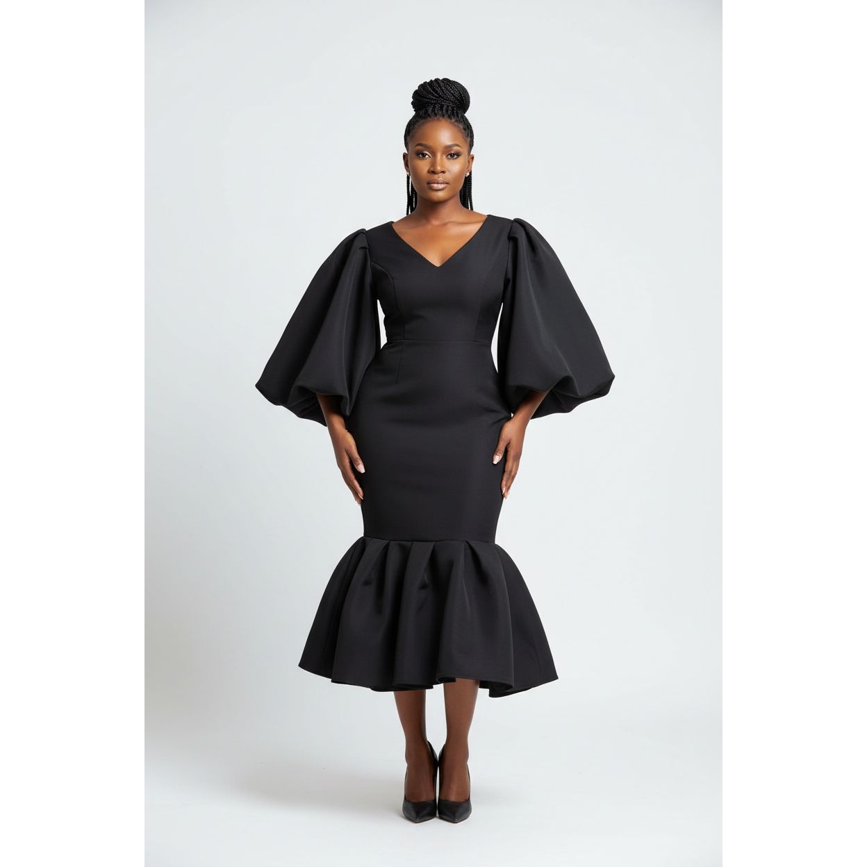 V-Neck Puff Long-sleeve Bodycon Dress