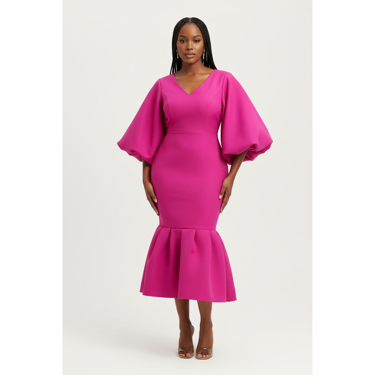 V-Neck Puff Long-sleeve Bodycon Dress