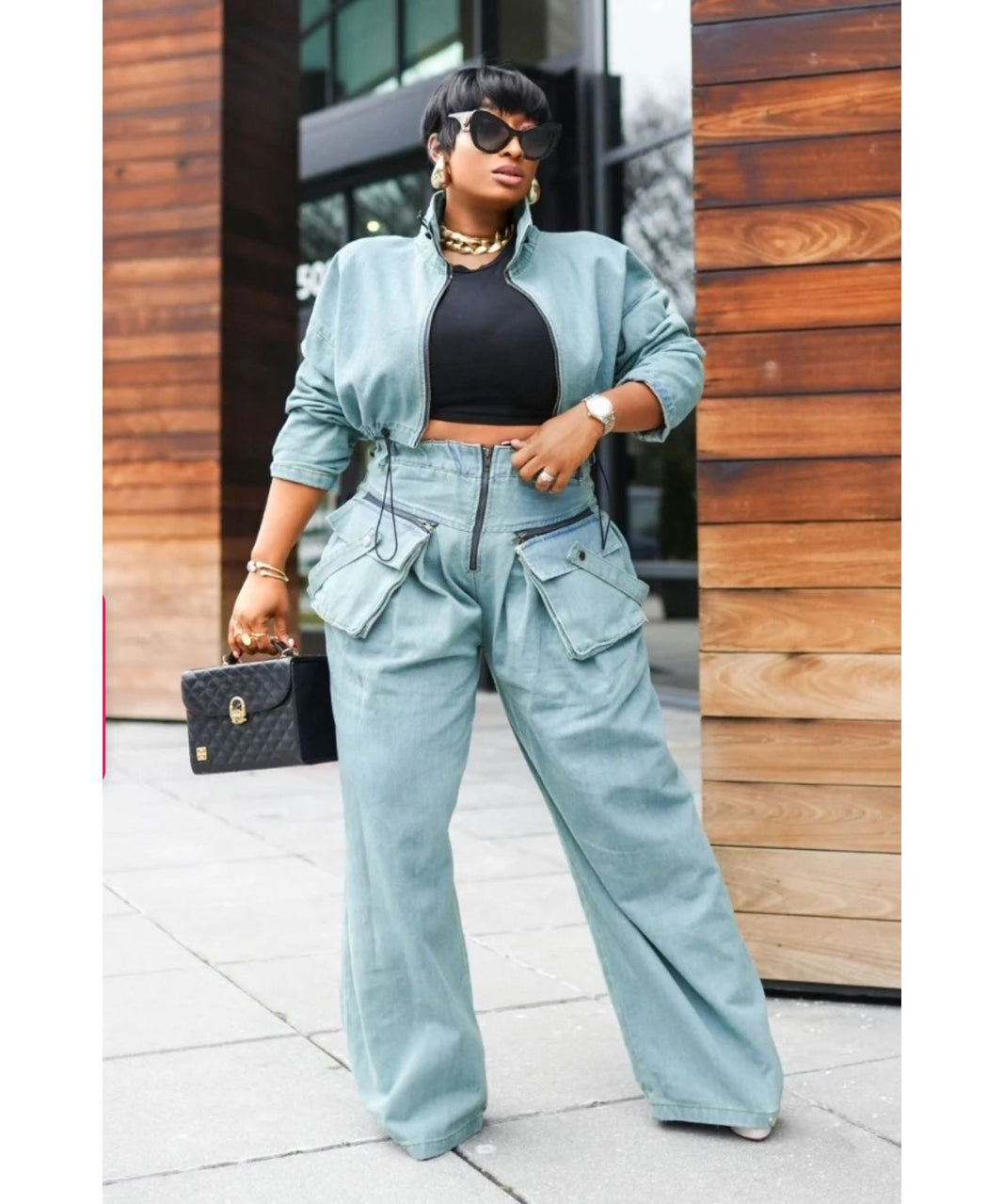 Denim Crop Top  Pants Set