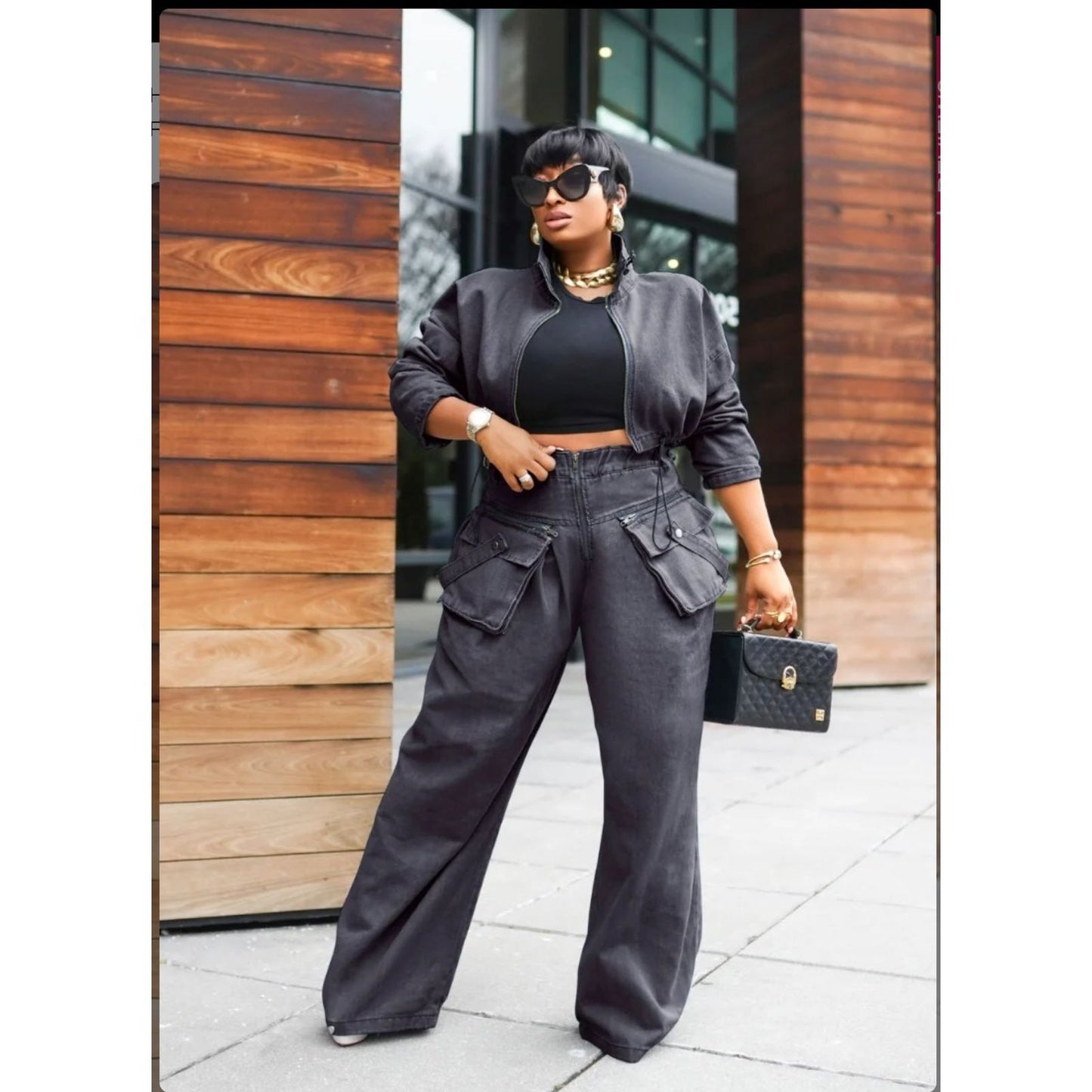 Denim Crop Blouse and Cargo Pant Set