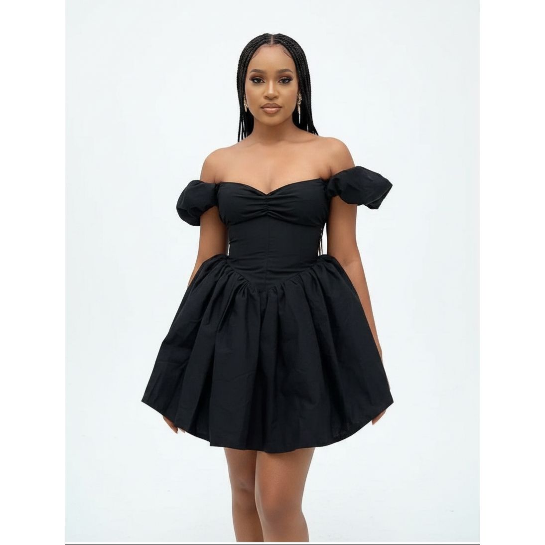 Off Shoulder Short Puff Sleeve Mini Dress