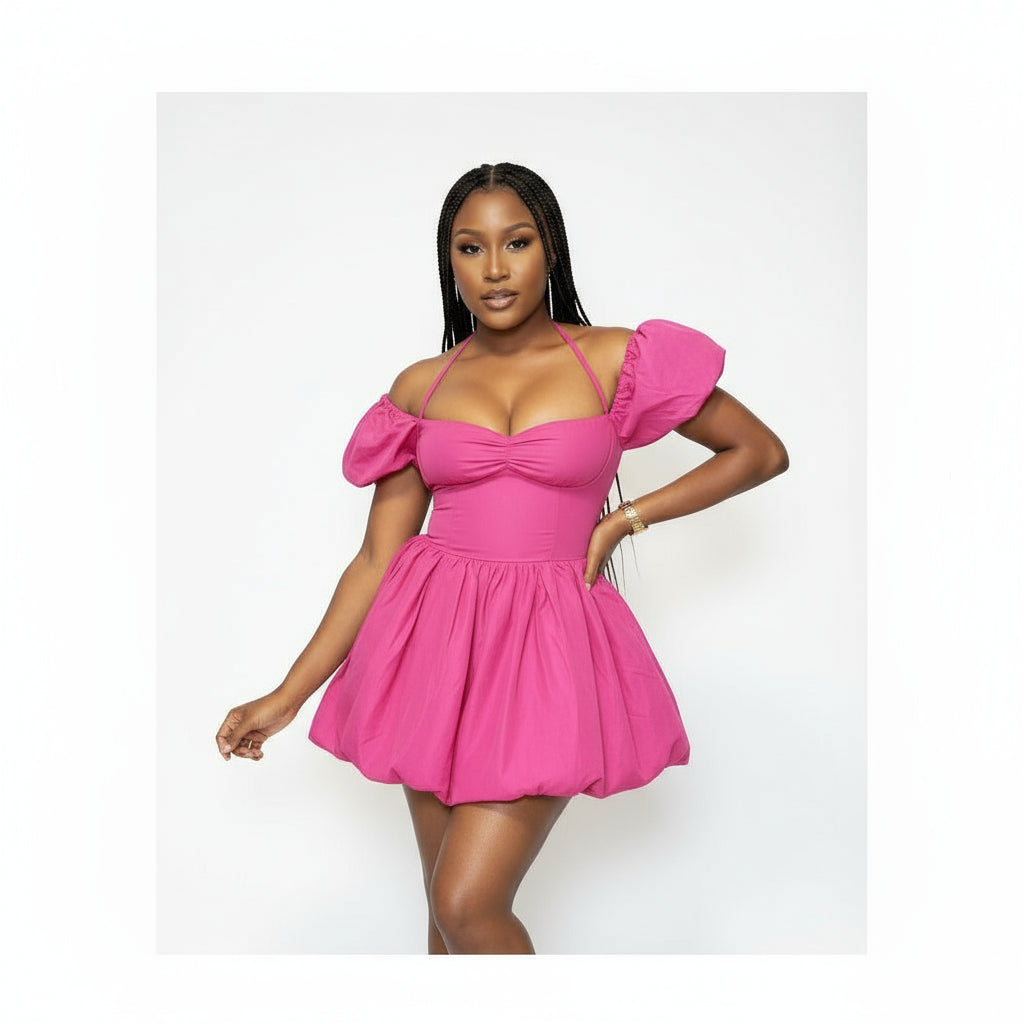 Off Shoulder Short Puff Sleeve Mini Dress