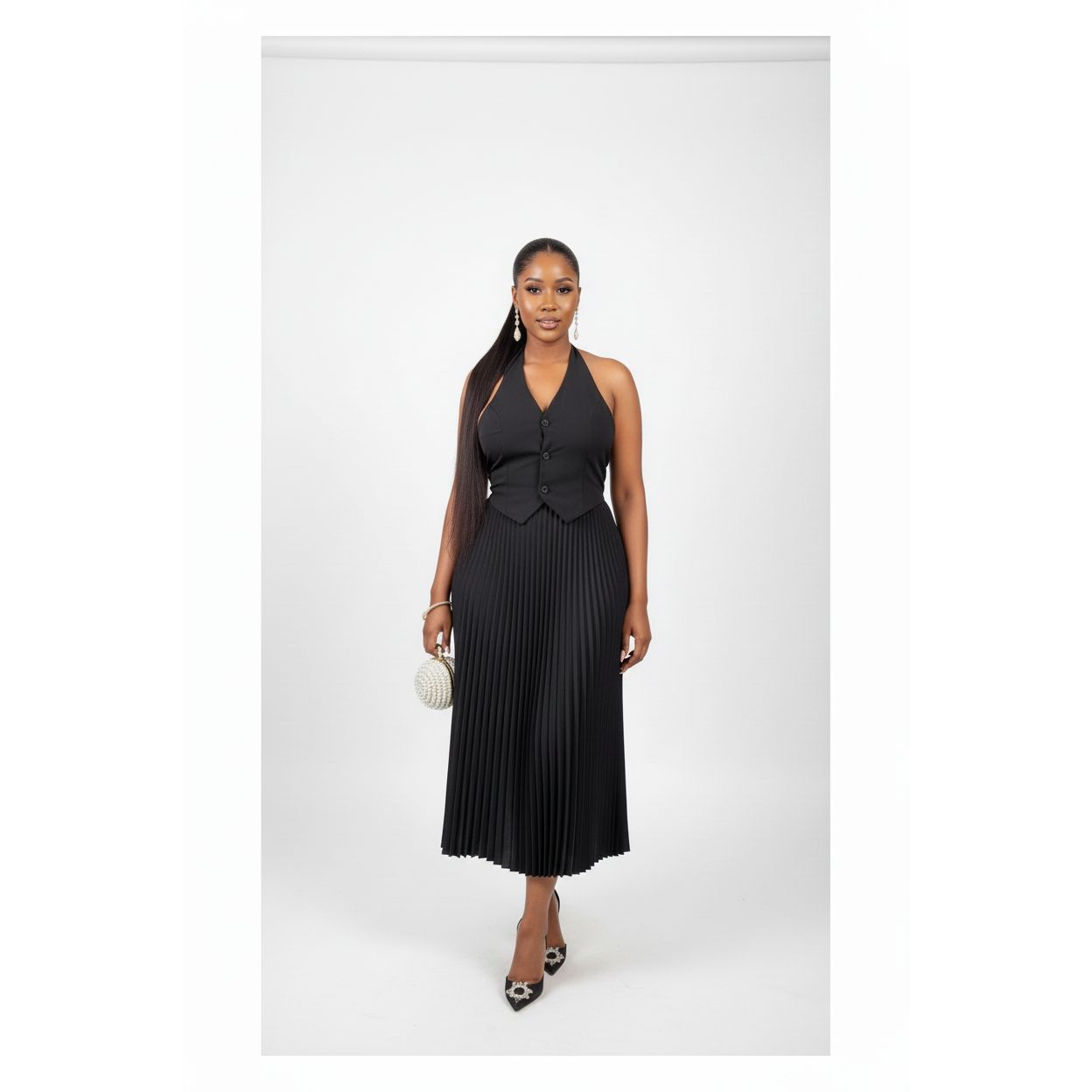 Vest Buckle Blazer Top And Pleated Maxi Skirts Sets