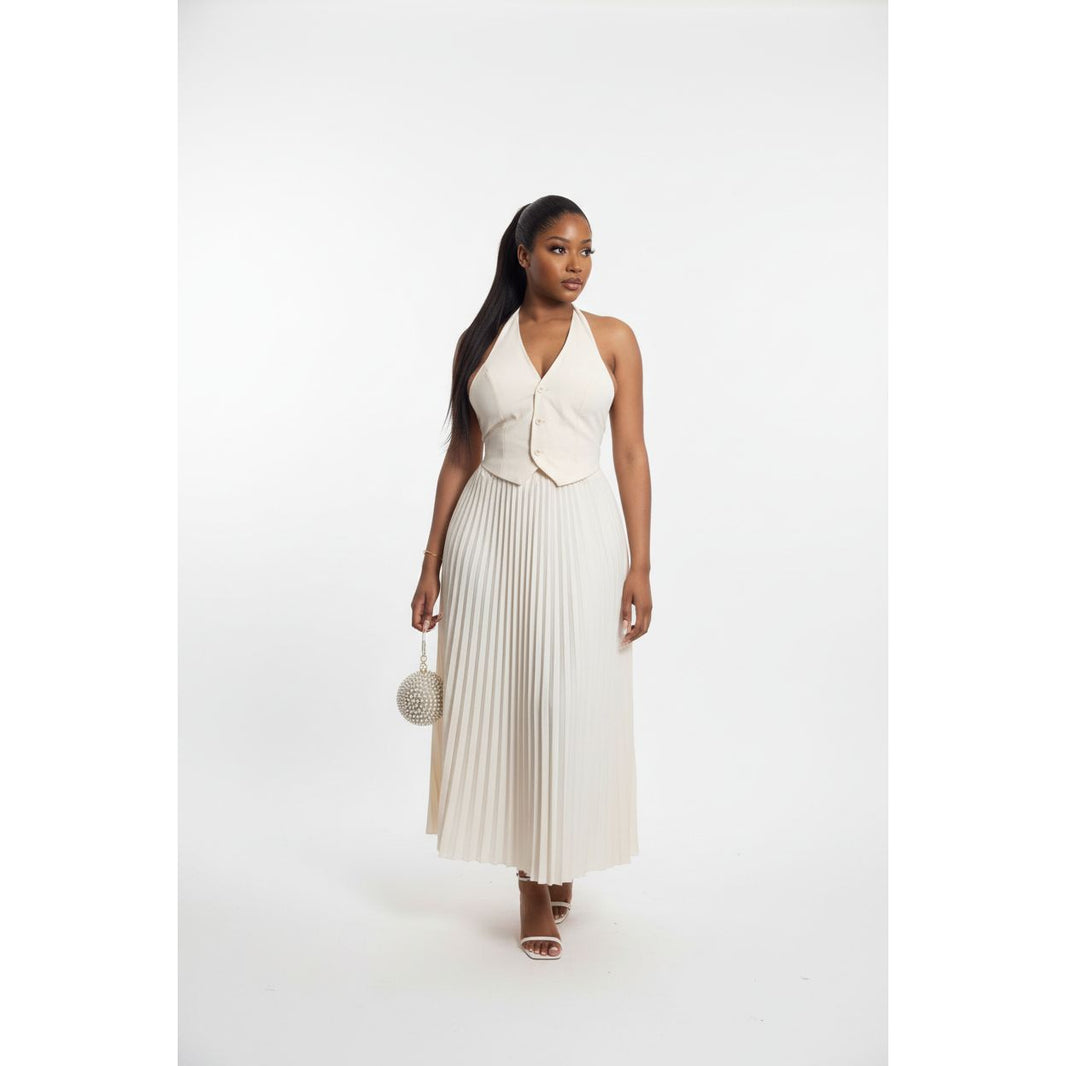 Bow Tie Top High Waist Pleated Skirt Casual Suit
