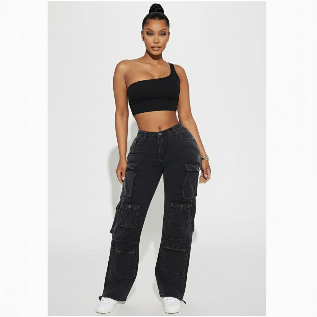 High Waist Slant Pocket Cargo Jeans.