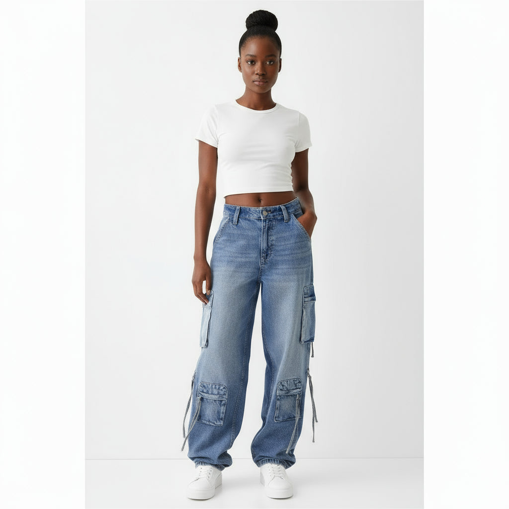 Denim baggy cargo jeans with straps.