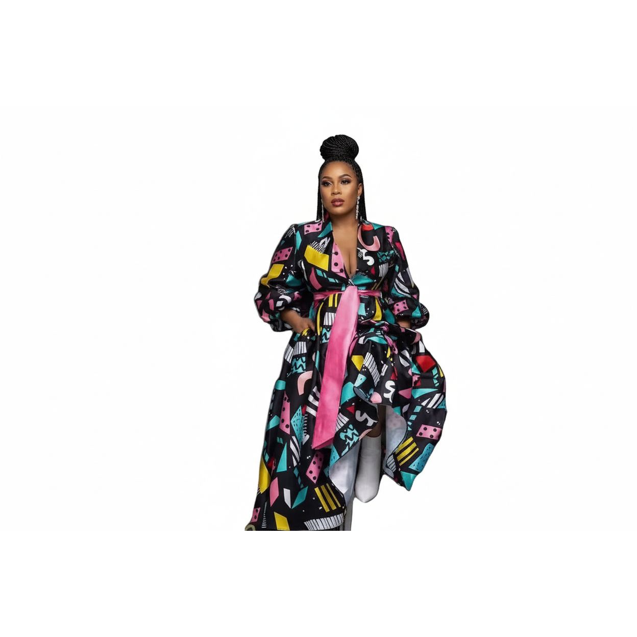 Plus Size Black All Over Print Lantern Sleeve Satin Dress