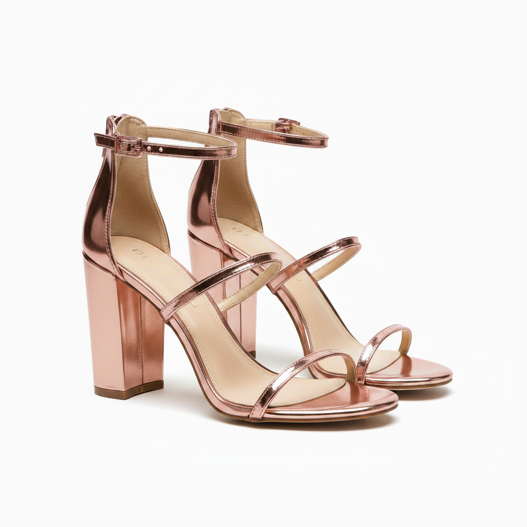 Metallic Ankle Strap Chunky Heeled Sandals.