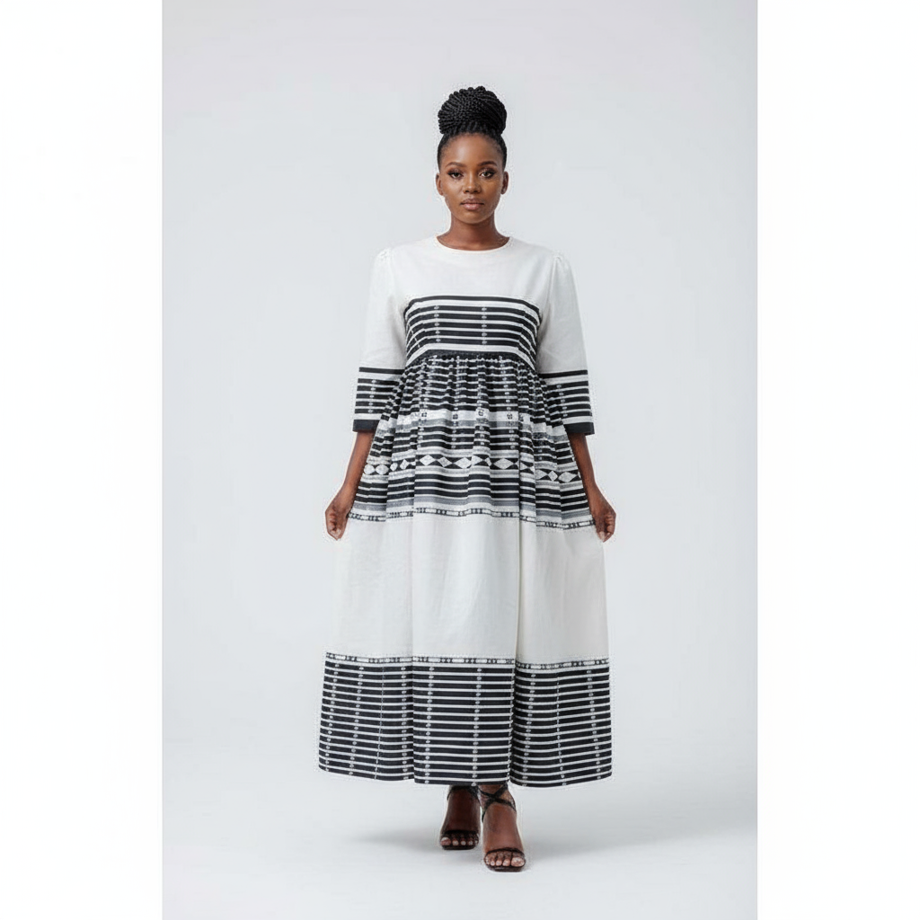 Three Quarter Sleeve Xhosa Round Neck Ankara Dress.