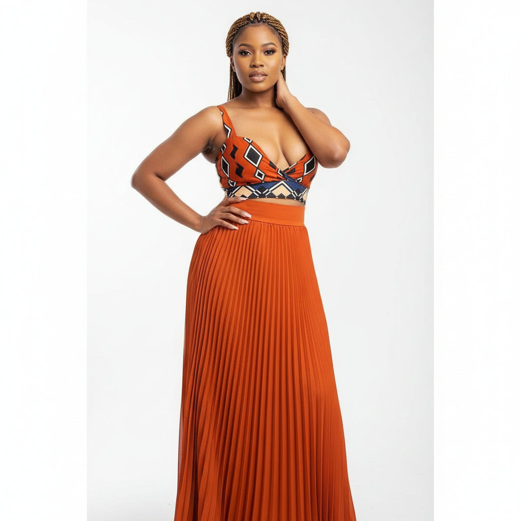 Pleated Long Skirt & Short Sleeve Top Set.