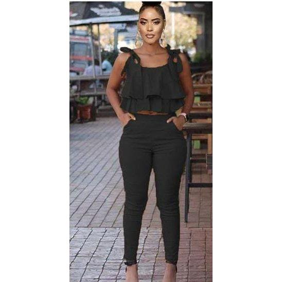 Tie Shoulder Ruffle Crop Top and Skinny Pant Set.