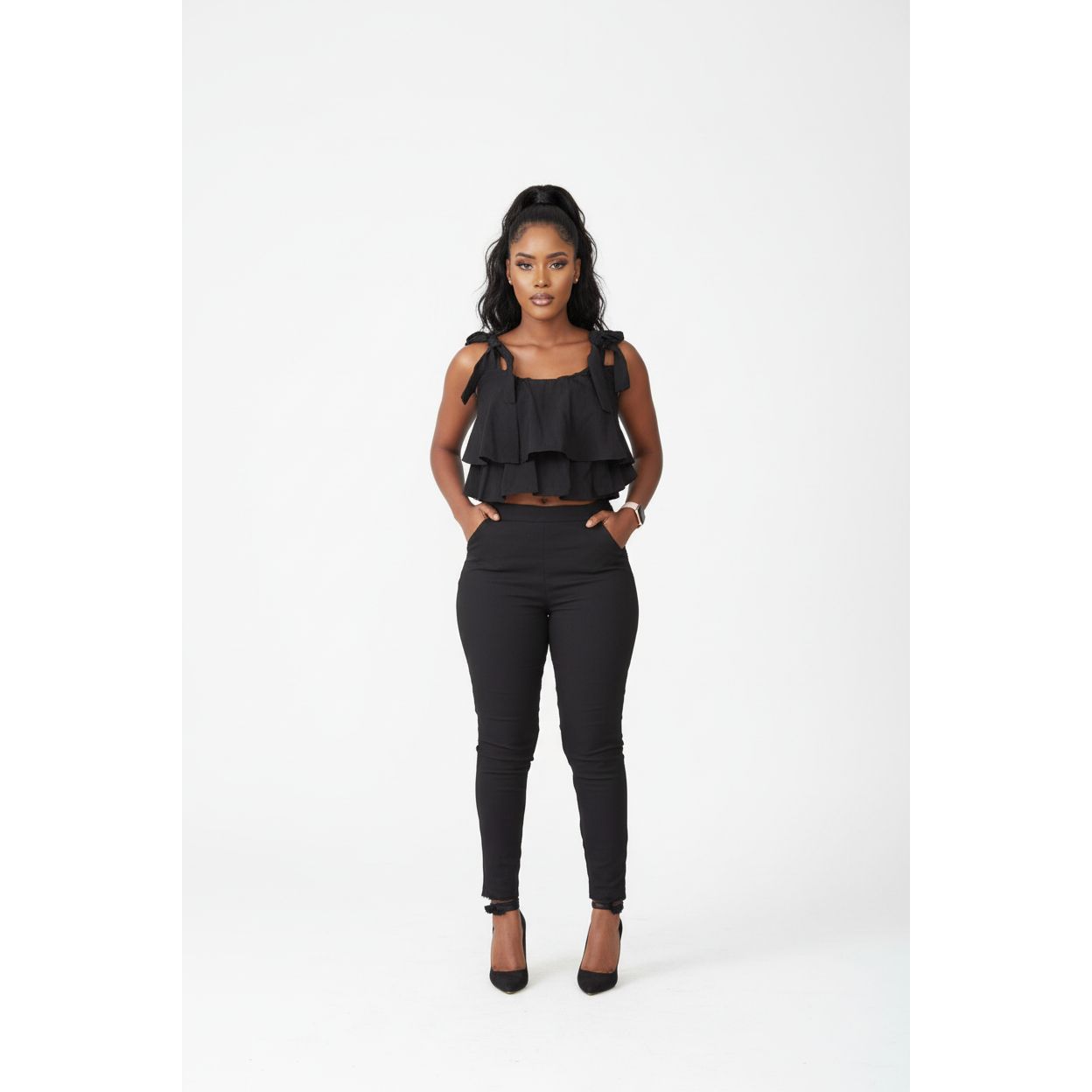 Tie Shoulder Ruffle Crop Top and Skinny Pant Set.