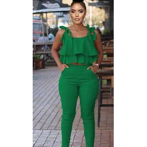 Tie Shoulder Ruffle Crop Top and Skinny Pant Set.