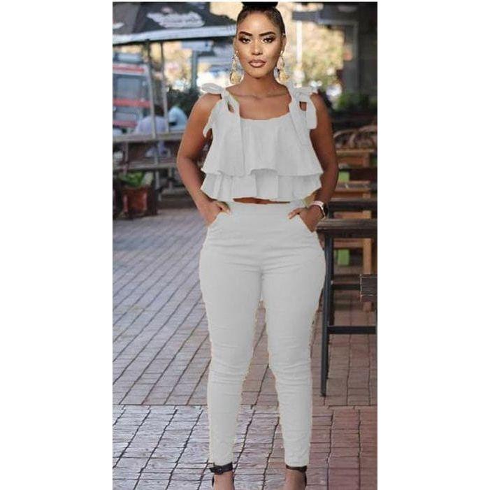 Tie Shoulder Ruffle Crop Top and Skinny Pant Set.