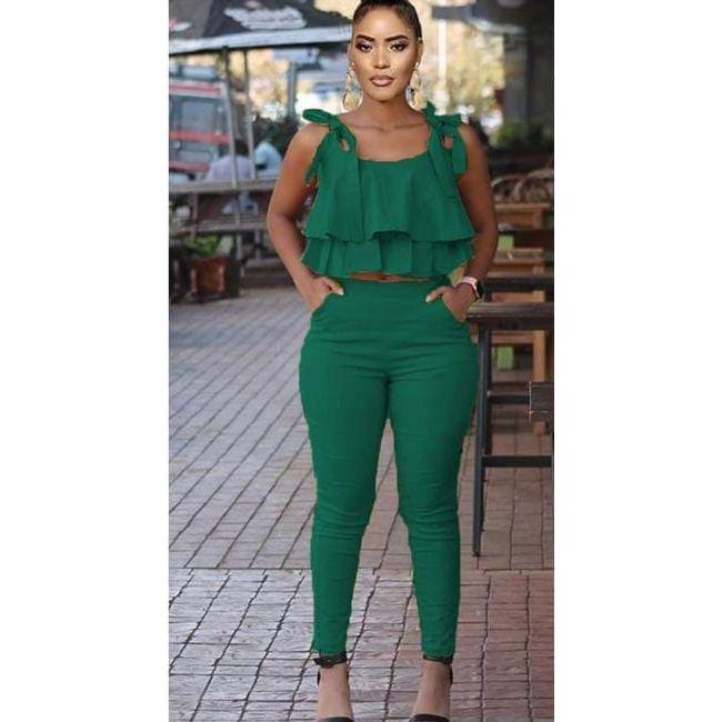 Tie Shoulder Ruffle Crop Top and Skinny Pant Set.