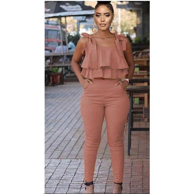 Tie Shoulder Ruffle Crop Top and Skinny Pant Set.