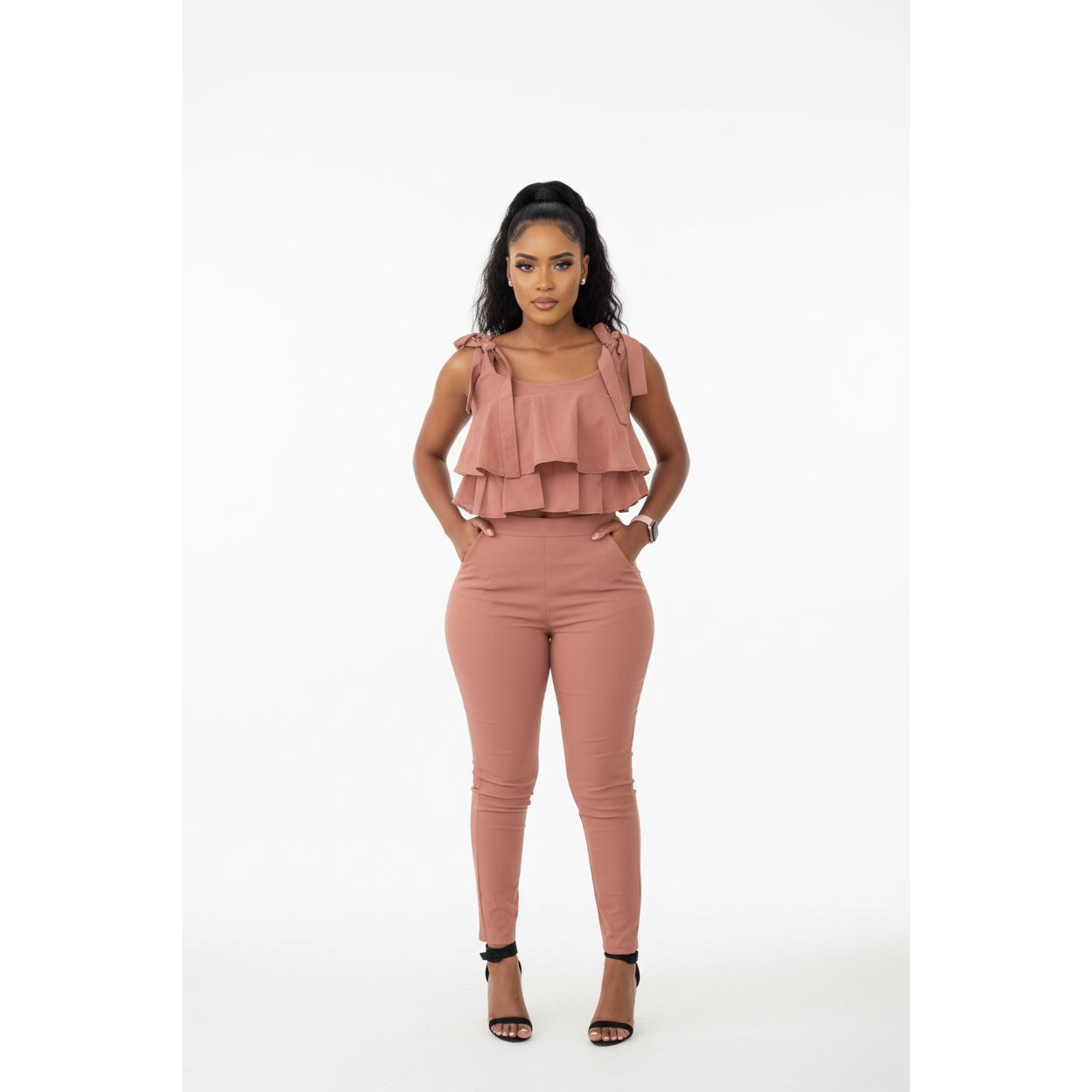 Tie Shoulder Ruffle Crop Top and Skinny Pant Set.